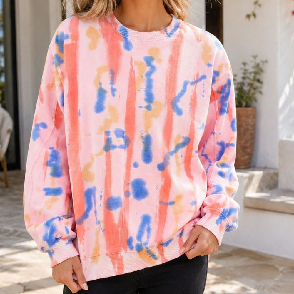 Anthropologie Tie Dye Pullover Sweatshirt Ribbed Top Crew Neck Oversize M 235102